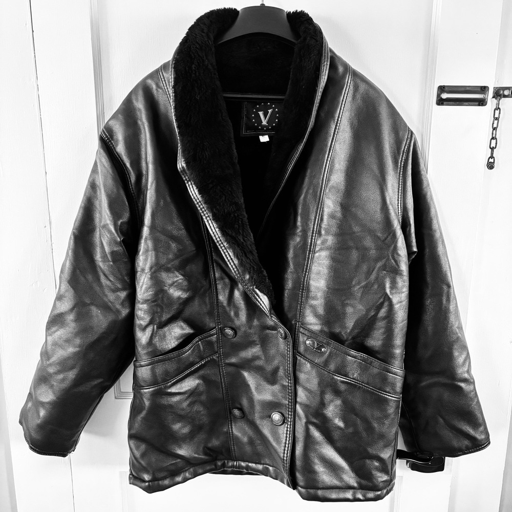 V Original Leather Jacket Large Black Fur Lined Made in Italy Men - Preloved Vtg